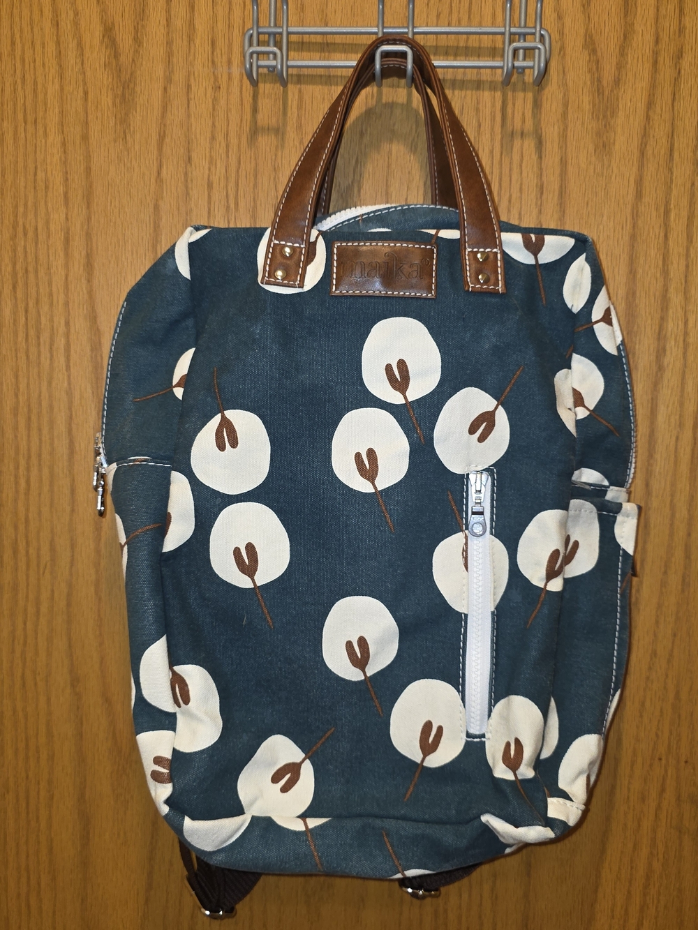 Maika Teal Canvas Backpack with Cream Floral Print and Brown Leather Handles